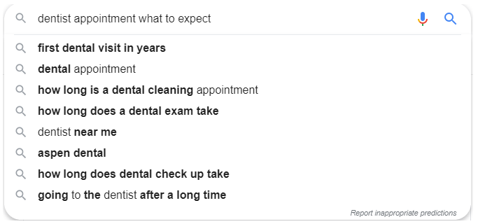 Google Search results for "dentist appointment what to expect"