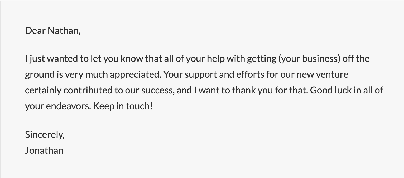 customer note of thanks from business